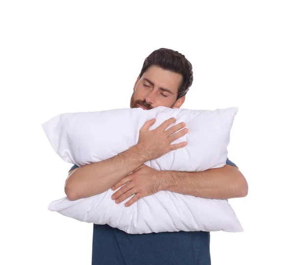 Somnoliento Hombre Guapo Abrazando Almohada Suave Sobre Fondo Blanco —  Fotos de Stock