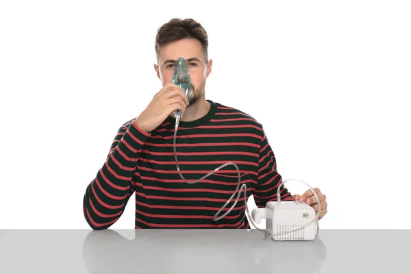 Man Using Nebulizer Inhalation Table White Background — Stock Photo, Image
