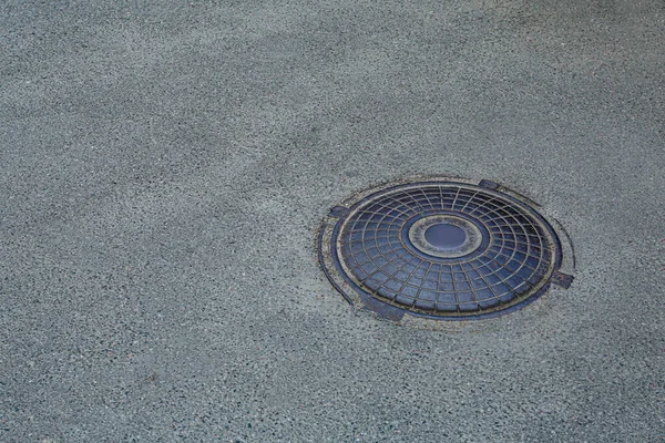 Metal Sewer Hatch Asphalt Outdoors Space Text — Stock Photo, Image