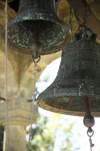 Closeup view of old bells in tower
