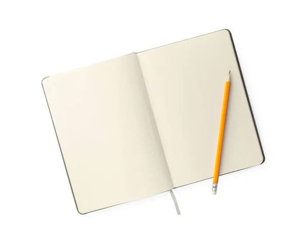 Open Blank Notebook Pencil Isolated White Top View — Stock Photo, Image