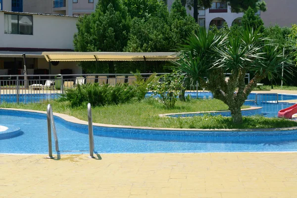 Terraza Del Hotel Con Piscina Plantas Tropicales Día Soleado —  Fotos de Stock