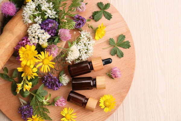 Lapos Tojásrakás Illóolajos Palackokkal Virágokkal Fűszernövényekkel Fehér Asztalon — Stock Fotó