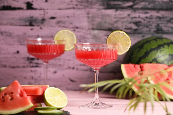Cocktail Glass Delicious Fresh Watermelon Juice Lime Light Wooden Table — Stock Photo, Image