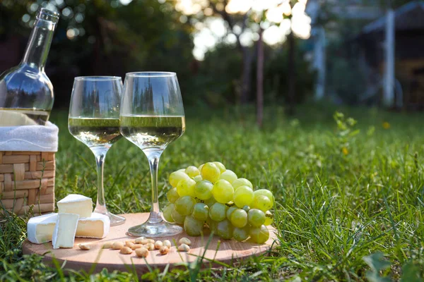 Pyszne Białe Wino Winogrona Ser Orzechy Zielonej Trawie Świeżym Powietrzu — Zdjęcie stockowe