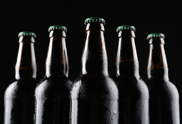 Many Bottles Beer Black Background Closeup — Stock Photo, Image