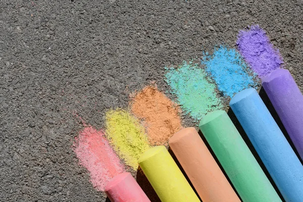 Colorful Chalk Sticks Asphalt Outdoors Flat Lay Space Text — Stock Photo, Image