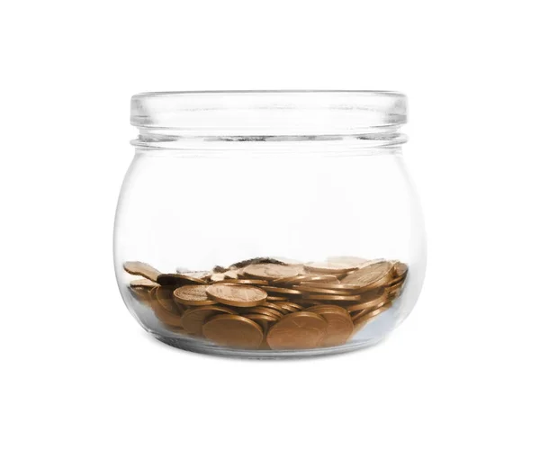 stock image Glass jar with coins isolated on white