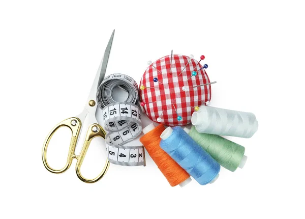 Set Different Sewing Accessories White Background Top View — Stock Photo, Image