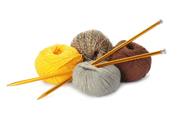 Different Balls Woolen Knitting Yarns Needles White Background — Stock Photo, Image