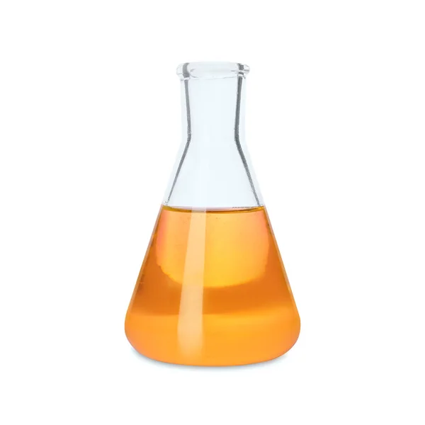 Glasskolbe Med Oransje Væske Isolert Hvit – stockfoto