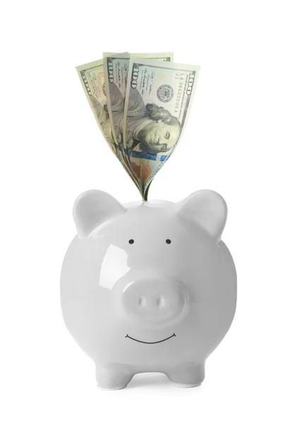 Sparschwein Und Geld Auf Weißem Hintergrund — Stockfoto