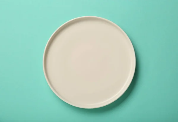 Empty Ceramic Plate Turquoise Background Top View — Stock Photo, Image