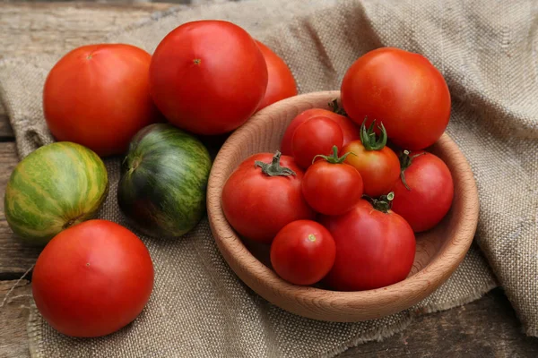Many Different Ripe Tomatoes Wooden Table — Stock Photo, Image