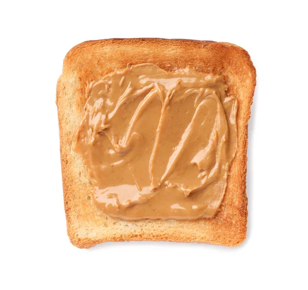ナッツバターとおいしいトースト白で隔離され トップビュー — ストック写真