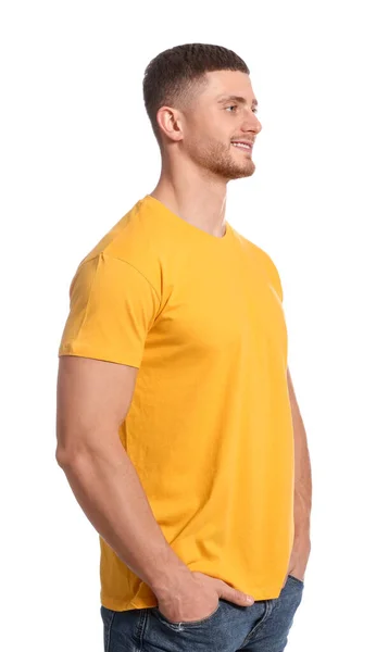 Homem Usando Camiseta Amarela Fundo Branco Mockup Para Design — Fotografia de Stock