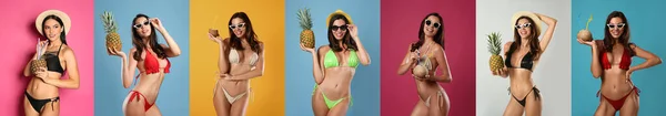 Kollázs Különböző Színű Hátterű Bikinit Viselő Nők Fotóival Bannertervezés — Stock Fotó