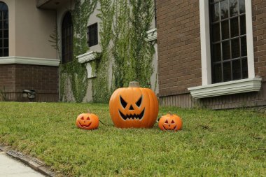 Evin önündeki çimenlikte seramik Jack O 'Lanternler. Geleneksel Cadılar Bayramı Dekorasyonu
