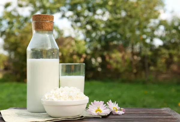 Smaklig Färsk Mjölk Och Keso Träbord Utomhus Plats För Text — Stockfoto