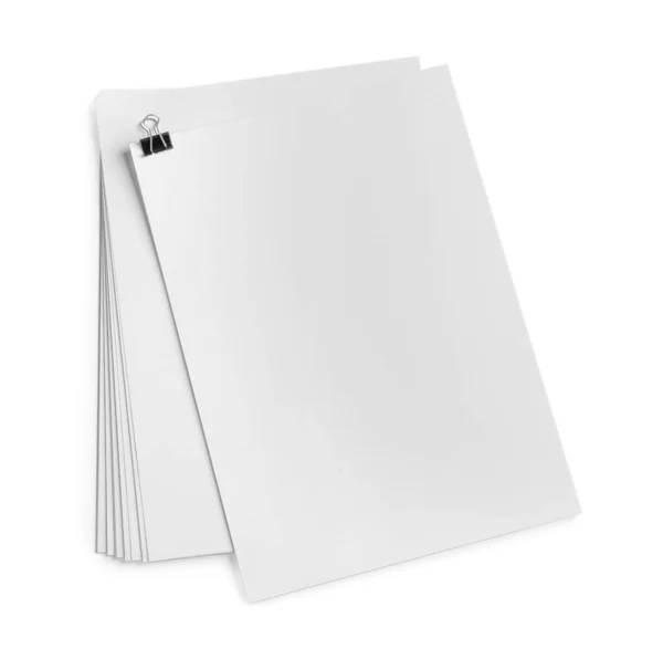 Leere Papierbögen Mit Ordnerklammer Auf Weißem Hintergrund Ansicht Von Oben — Stockfoto