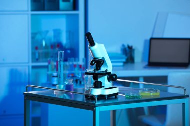 Modern mikroskop ve renkli sıvılar laboratuardaki metal masanın üzerinde, mavi tonda.