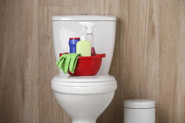 Tuvalet Kapağındaki Farklı Temizlik Malzemeleri — Stok fotoğraf
