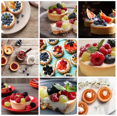 Farklı lezzetli tartların fotoğraflarıyla kolaj.