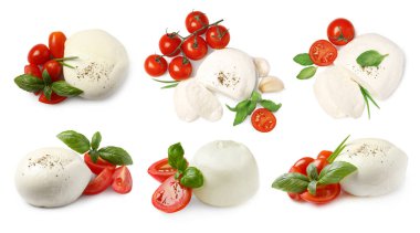 Lezzetli mozzarella, taze domates ve beyaz arka planda fesleğen.