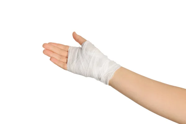 Woman Hand Wrapped Medical Bandage White Background Closeup — Fotografia de Stock