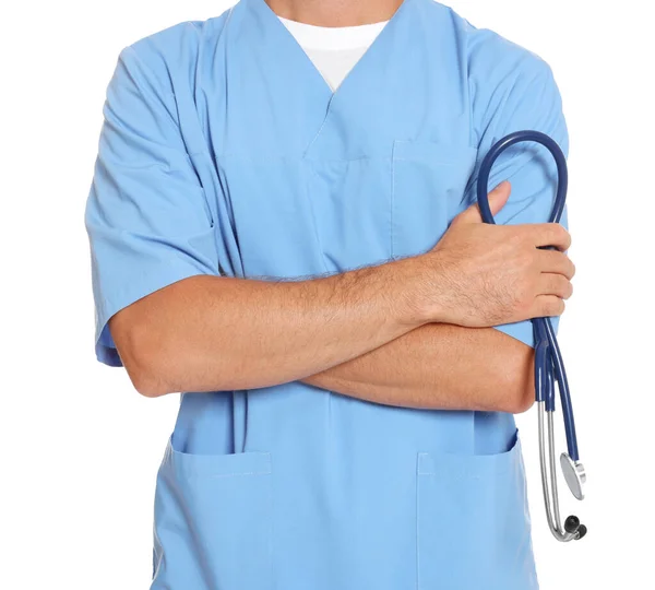 Lekarz Stetoskopem Białym Tle Zbliżenie — Zdjęcie stockowe