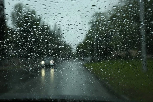 Blurred View Road Wet Car Window Rainy Weather — Stock Photo, Image