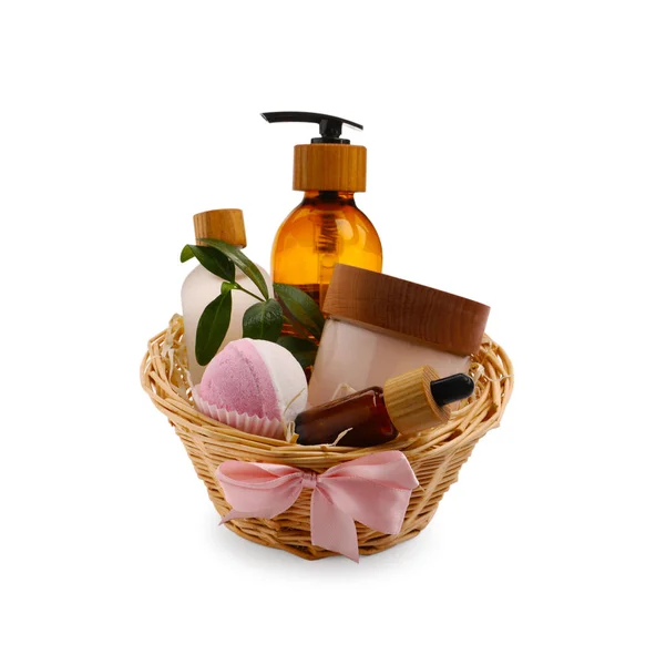 Spa Gift Set Different Luxury Products Wicker Basket White Background — Foto de Stock