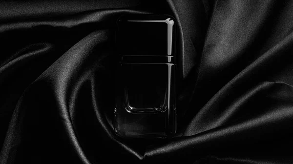 Luxury Bottle Perfume Black Silk Top View — Stock Photo, Image