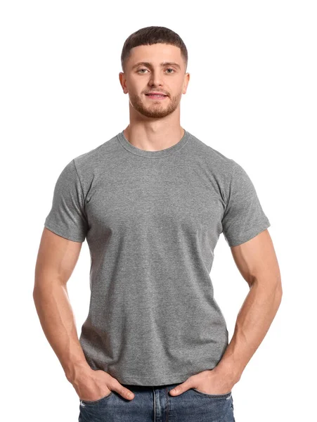 Homem Vestindo Camiseta Cinza Fundo Branco Mockup Para Design — Fotografia de Stock