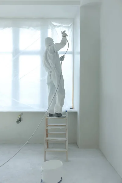 Decorator Painting Window Slope Ladder Indoors Back View — Stock Photo, Image
