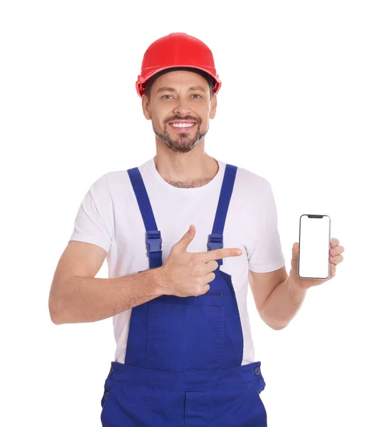 Profesionální Opravář Uniformě Telefonem Bílém Pozadí — Stock fotografie