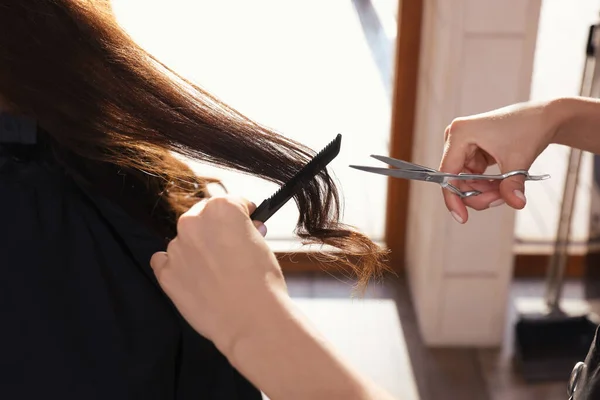 Coiffeur Professionnel Coupant Les Cheveux Femme Dans Salon Beauté Gros — Photo