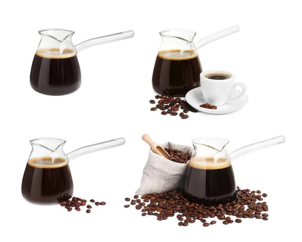 Set Met Glazen Turkse Koffiepotten Cezve Met Hete Koffie Bonen — Stockfoto