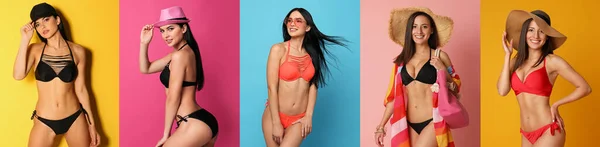 Collage Photos Women Wearing Bikini Different Color Backgrounds Banner Design — Stock Photo, Image