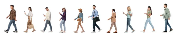 Collage Con Foto Persone Che Indossano Abiti Eleganti Che Camminano — Foto Stock