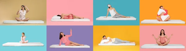 Collage Con Foto Persone Materassi Morbidi Confortevoli Diversi Sfondi Colore — Foto Stock
