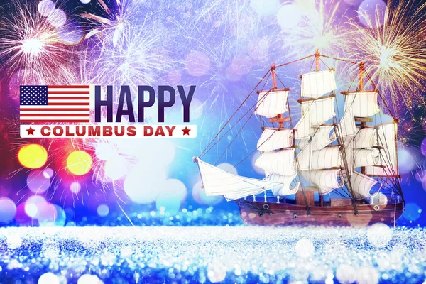 Днем Колумба Красивая Модель Корабля Фейерверк Блестками — стоковое фото