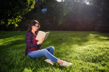 Güneşli bir günde parkta kitap okuyan genç bir kadın.