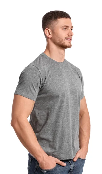 Hombre Con Camiseta Gris Sobre Fondo Blanco Burla Para Diseño — Foto de Stock