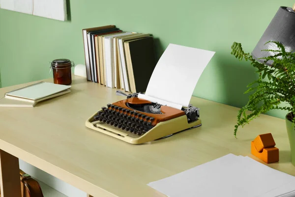 Writer Workplace Typewriter Wooden Desk Pale Green Wall Room — Foto Stock