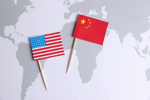 Banderas América China Mapa Del Mundo Vista Superior Concepto Guerra — Foto de Stock