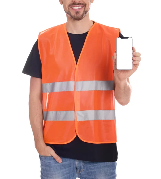 Muž Průmyslový Inženýr Uniformě Telefonem Bílém Pozadí Detailní Záběr — Stock fotografie