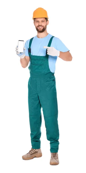 Professional Repairman Uniform Showing Smartphone White Background — Stock Photo, Image