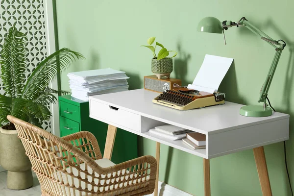 Writer Workplace Typewriter Wooden Desk Pale Green Wall Room — Foto de Stock