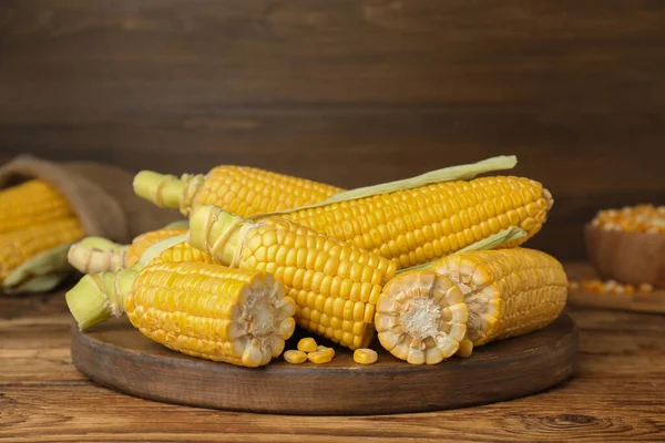 Fresh Corncobs Wooden Table Space Text — Stock Photo, Image